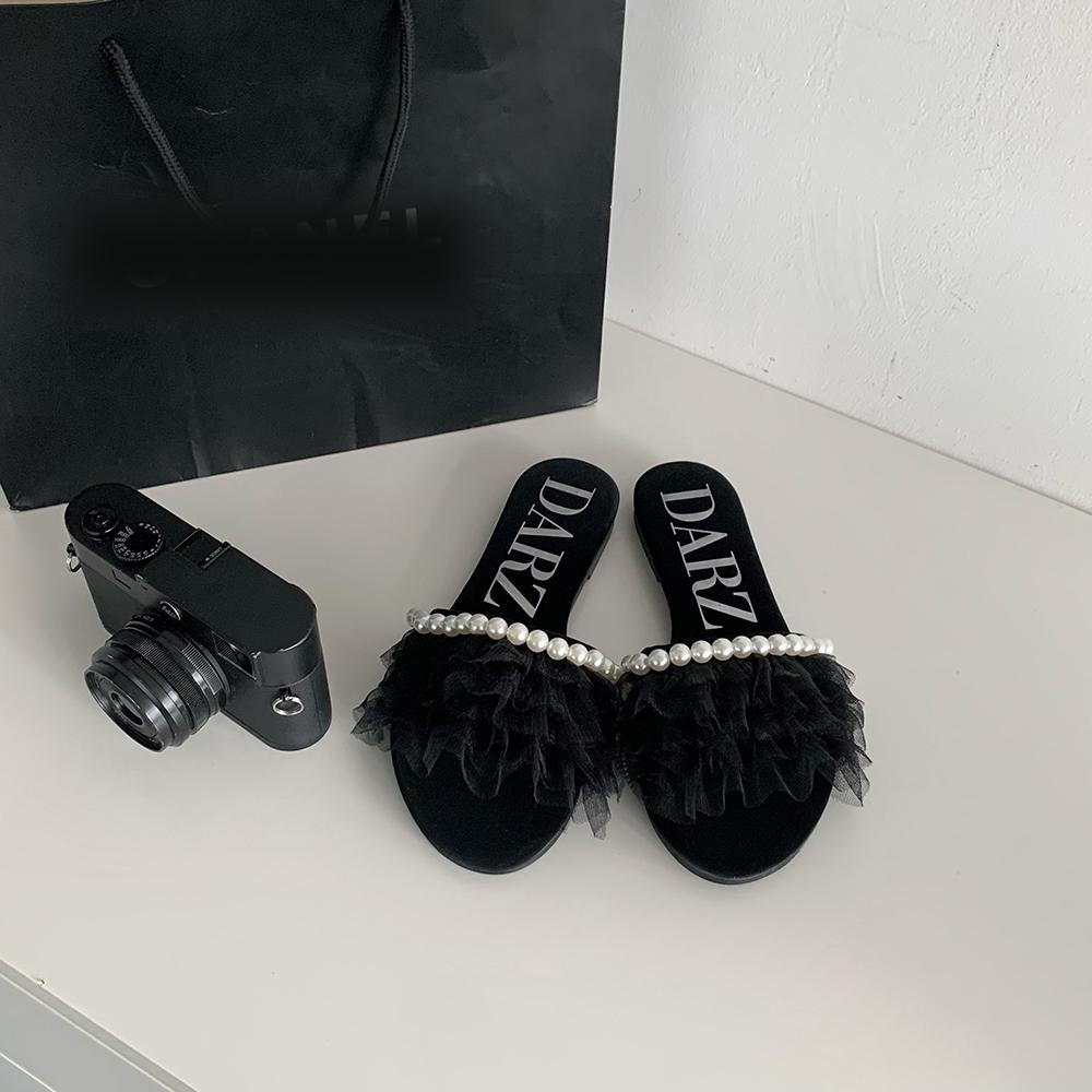 

Модные женские тапочки с открытым носком, кружевные, с жемчужным узором, черные, белые, летние, на плоской подошве, на низком каблуке 2024 года. Новые поступления. Повседневные туфли-мюли для женщин. 5.5 чёрный