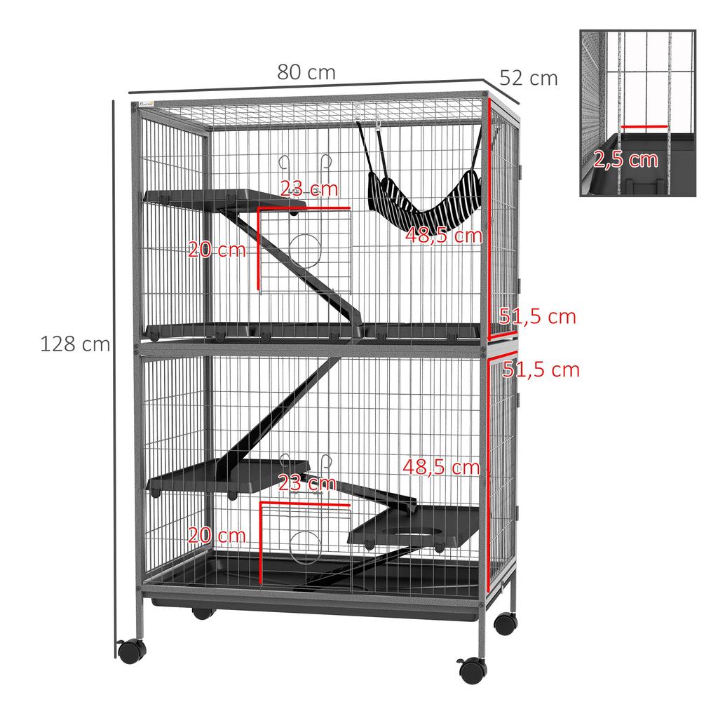 Small Animal Cage for Chinchilla Ferret Kitten On Wheels with Hammock Removable Tray, Grey