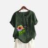 Women Fashion Floral Print T-shirt Summer&fall Casual O Neck Short Sleeve Top Pullover Loose Cotton Linen Blouses