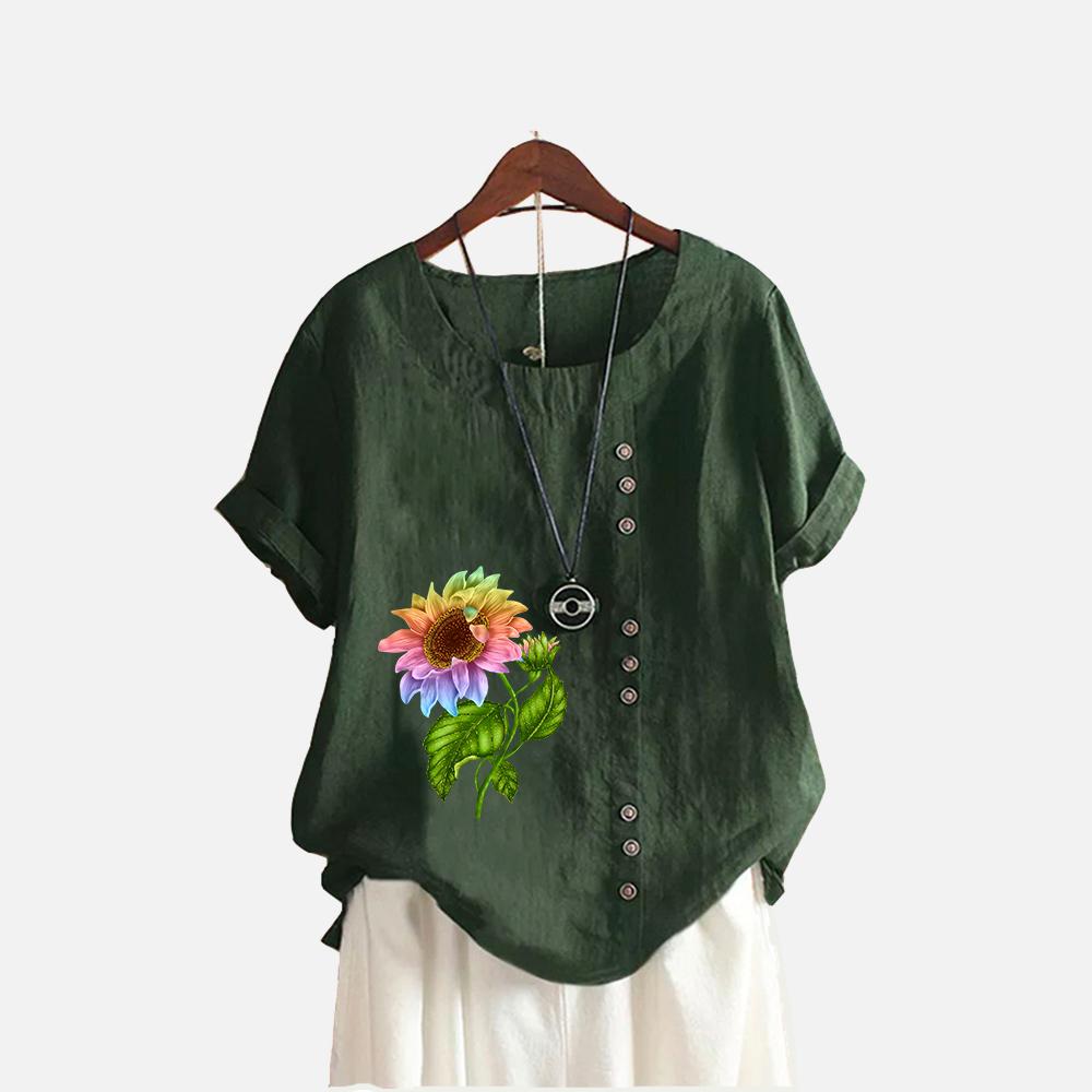 Women Fashion Floral Print T-shirt Summer&fall Casual O Neck Short Sleeve Top Pullover Loose Cotton Linen Blouses