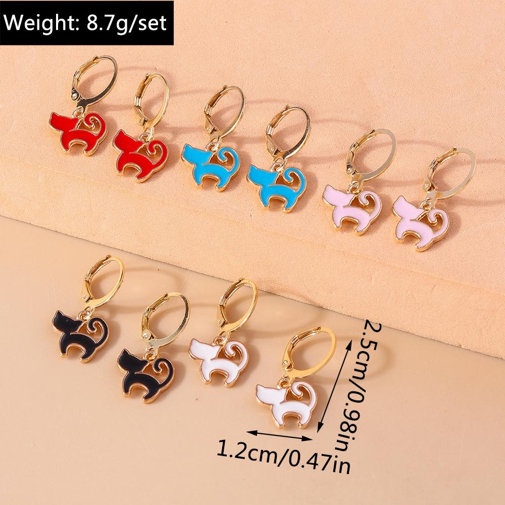 5pcs/Set Cute Enamel Cat Earrings for Women Girls Cartoon Animal Dangle Earrings Party Holiday Jewelry Gifts