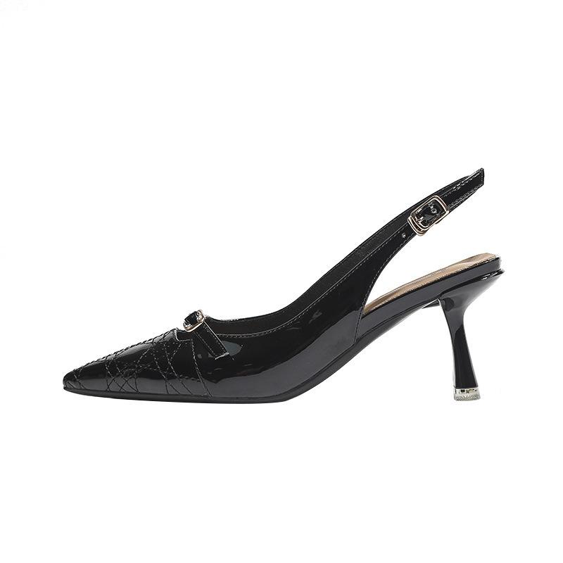 Patent Leather Professional Single Shoes Bag Head Sandals Women's Pointed Head Stiletto High Heels Back Strap Comfortable Soft Sole Leather