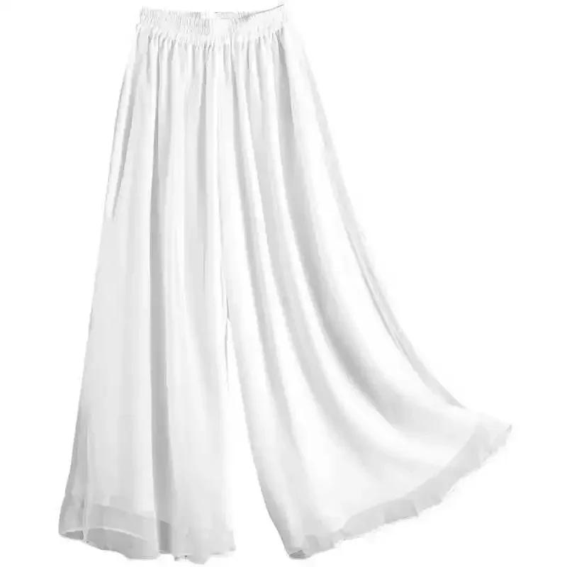 Women Wide-leg Pants Double-layered Flowy Swing Pants Versatile High-rise Trousers Loose Cropped Chiffon Pants