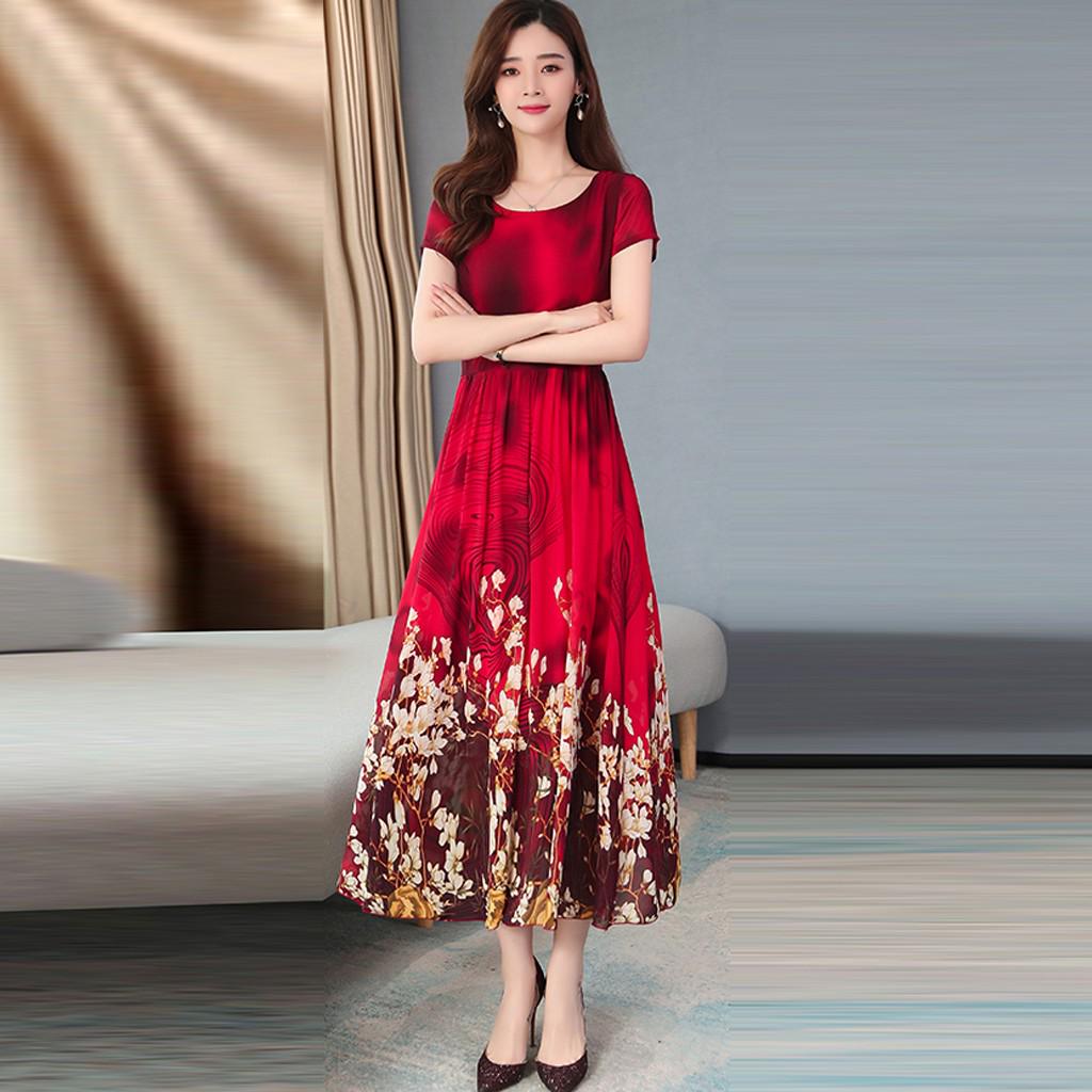 Women Fashion Summer Lady Elegant Short Sleeve Retro Printing Dress