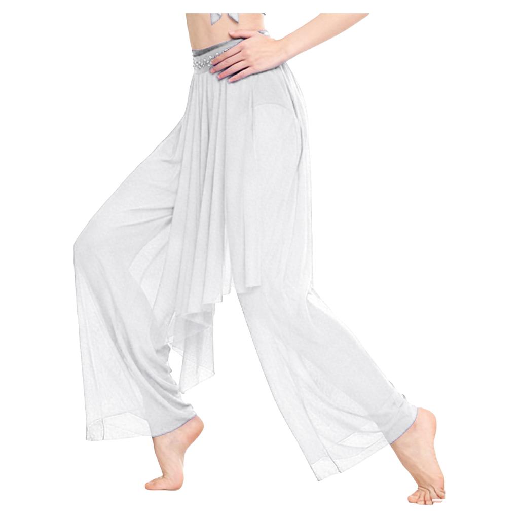 Damen Lyrical Dance Netzhose Glänzender Bund Weites Bein Unregelmäßige Überlagerung Eingearbeiteter Slip Zeitgenössische Tanzkleidung Unten