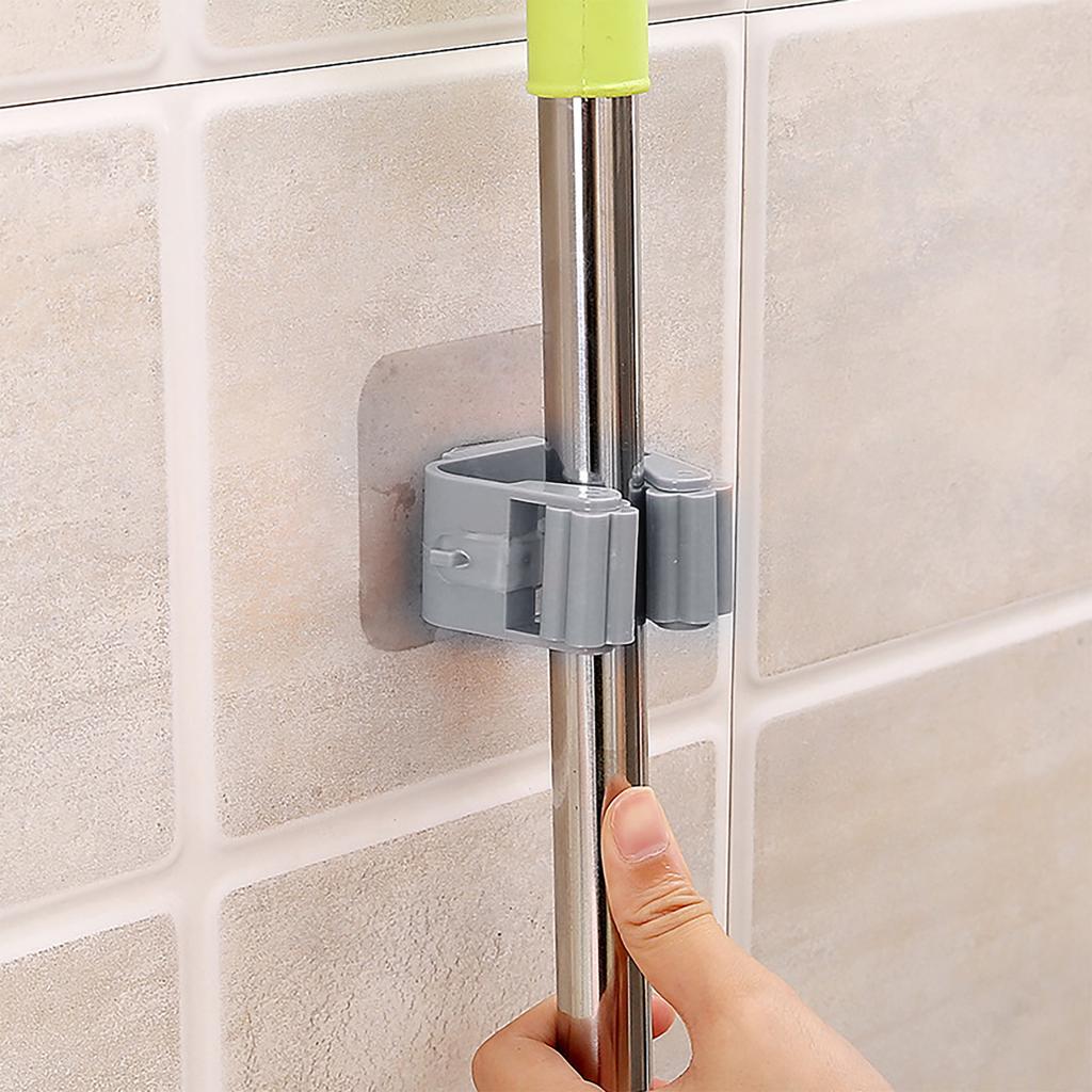3pcs Wall Mounted Mop Holder Strong Adhesion Plastic Mop Broom Holder for Garage Tool Room Gray