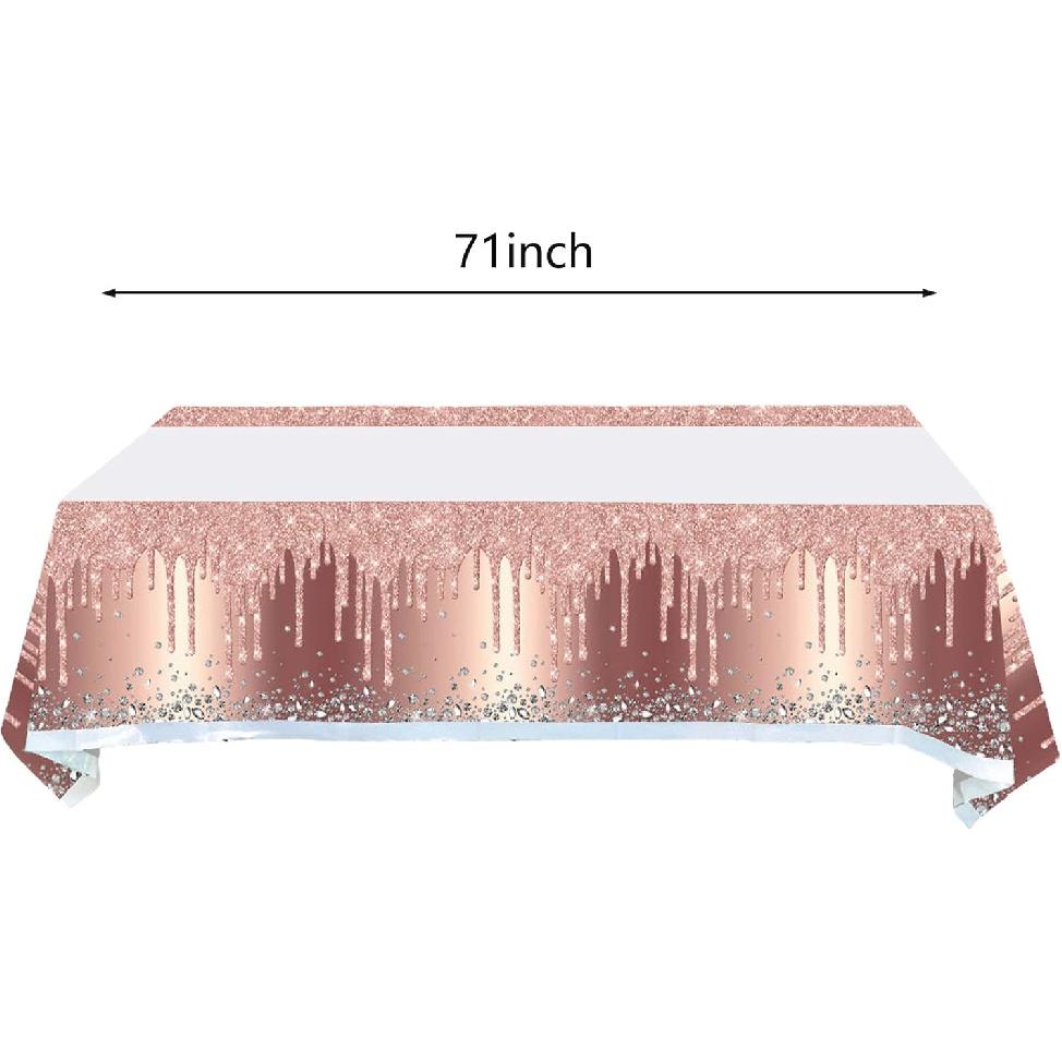 2Pcs Pink Rose Gold Birthday Tablecloth and Table Cover for Girls and Women (71in x 42in)