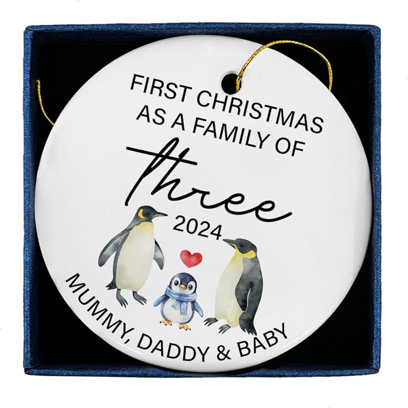 First Christmas As a Family Ceramic Ornament 2024, New Parents Gifts for Couples Mom Dad Newborn, New Mom Dad Baby Gifts Ideas, Baby 1st Ornament