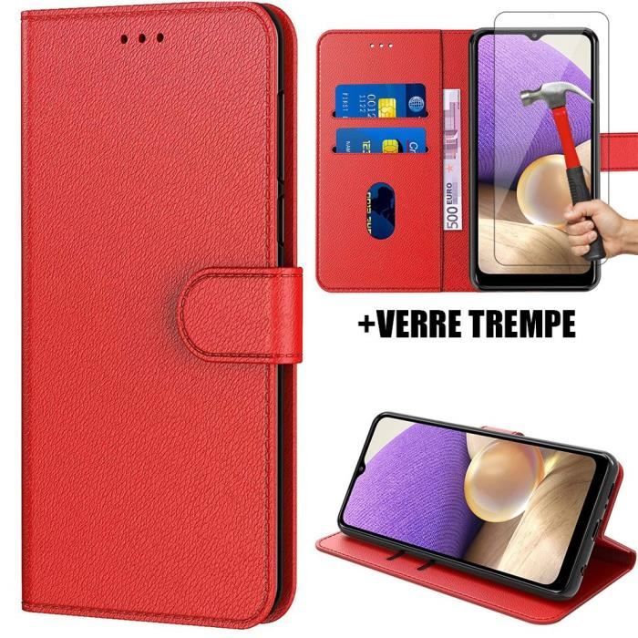 Coque de Protection - BOOLING - pour Samsung Galaxy A32 4G - Rouge Effet Cuir - Anti-Choc - Lot de 2 Verres Trempés