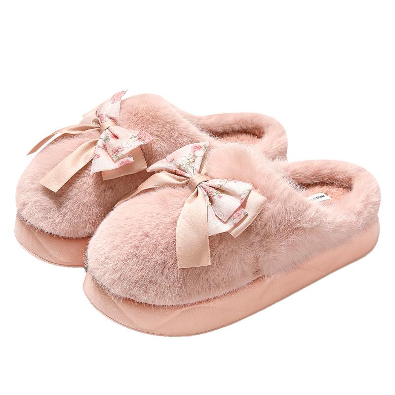 Purple Bow Cotton Slippers Autumn and Winter Home Indoor Couple Home Non-slip Plush Warm Cotton Mop