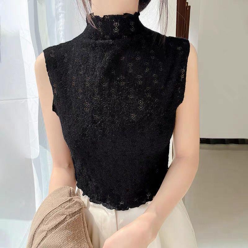 Lace Vest with Half High Neck Sleeveless Bottom Shirt Women's New Autumn and Winter Hollow-out with Short Mesh Top