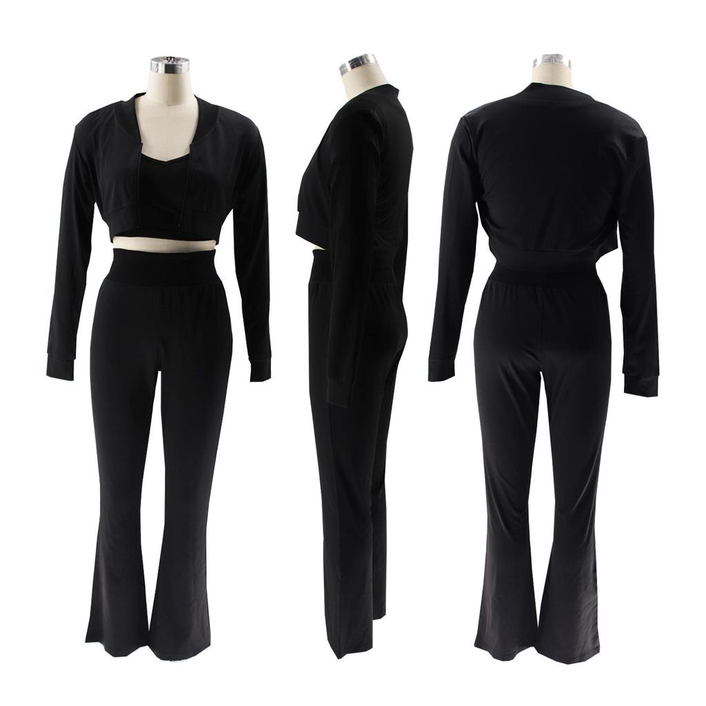 TW492 Stilvolles Dreiteiler-Set für Damen: Einfarbiges Sexy Cropped Lässiger Sportanzug