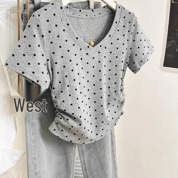 

Women s Grey Polka Dot Pleated Short Sleeve T-Shirt - 95% Cotton, 5% Spandex Large чорний