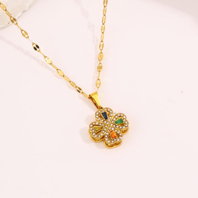Necklace Light Luxury High Sense Niche Titanium Steel Necklace Trendy Brand Four-leaf Clover Rotatable Temperament Versatile Zircon Necklace Women