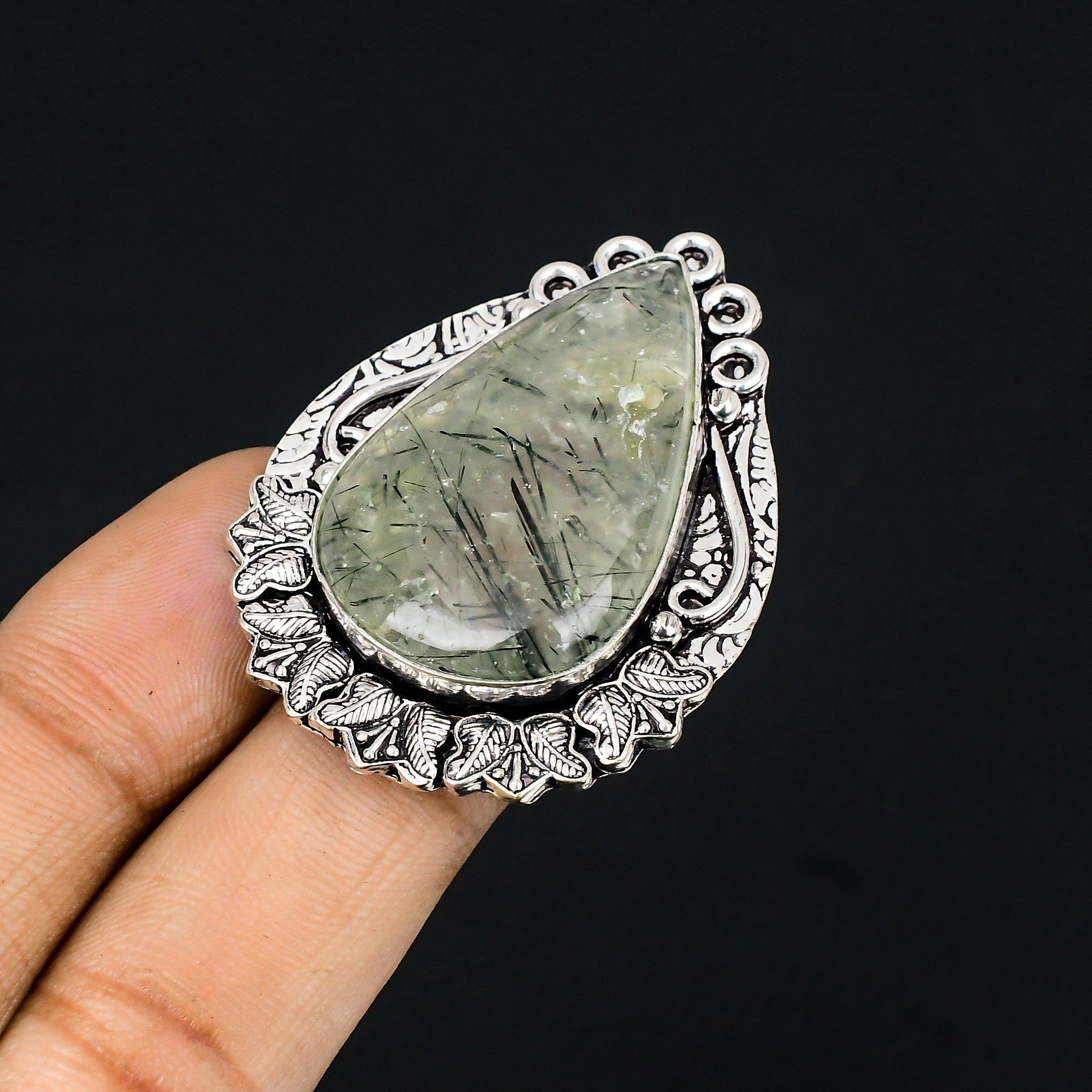 925 Silver Pear Moss Prehnite Gemstone Boho Statement Daughter Ring Jewelry US 6 6
