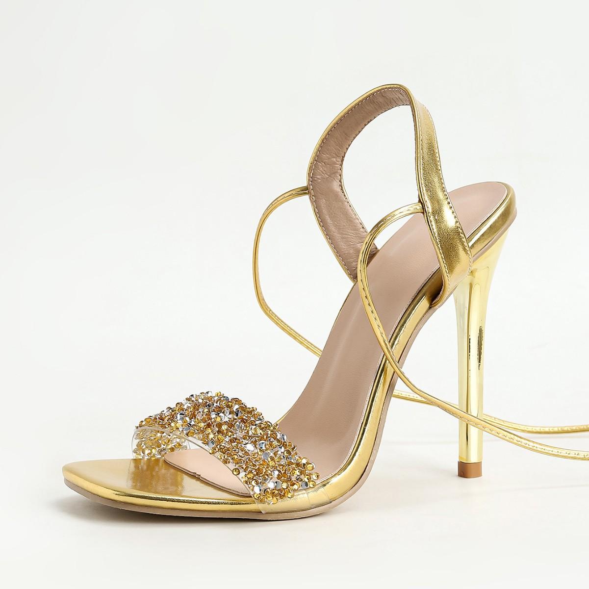 

Элегантные женские туфли на высоком каблуке 2025 лето новая мода стразы ремешок на одном слове шпилька высокий каблук сандалии 38 золотой