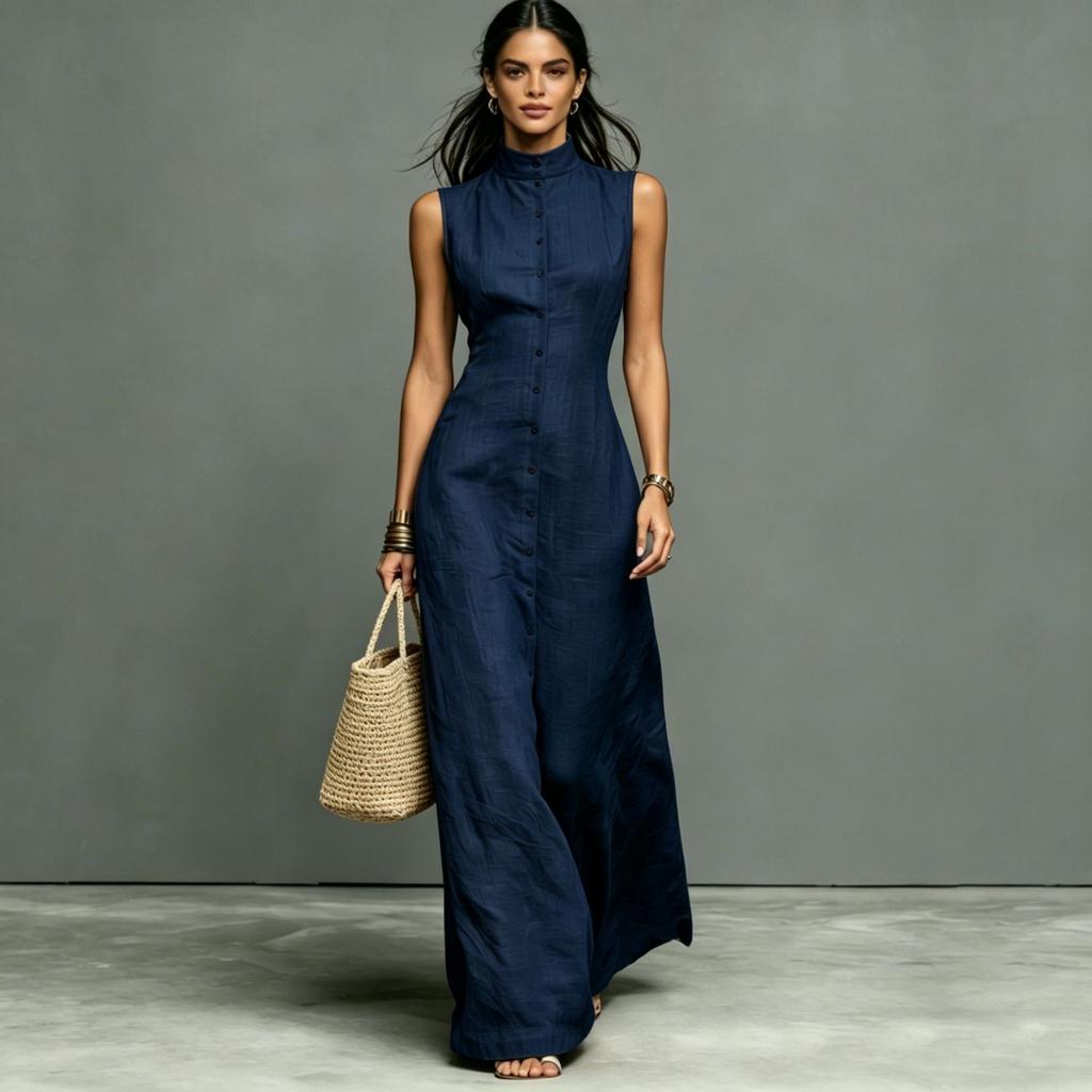 Damen ärmelloses Maxikleid mit hohem Kragen und Knöpfen, einfarbig, lässig, locker sitzend, Sommerkleid