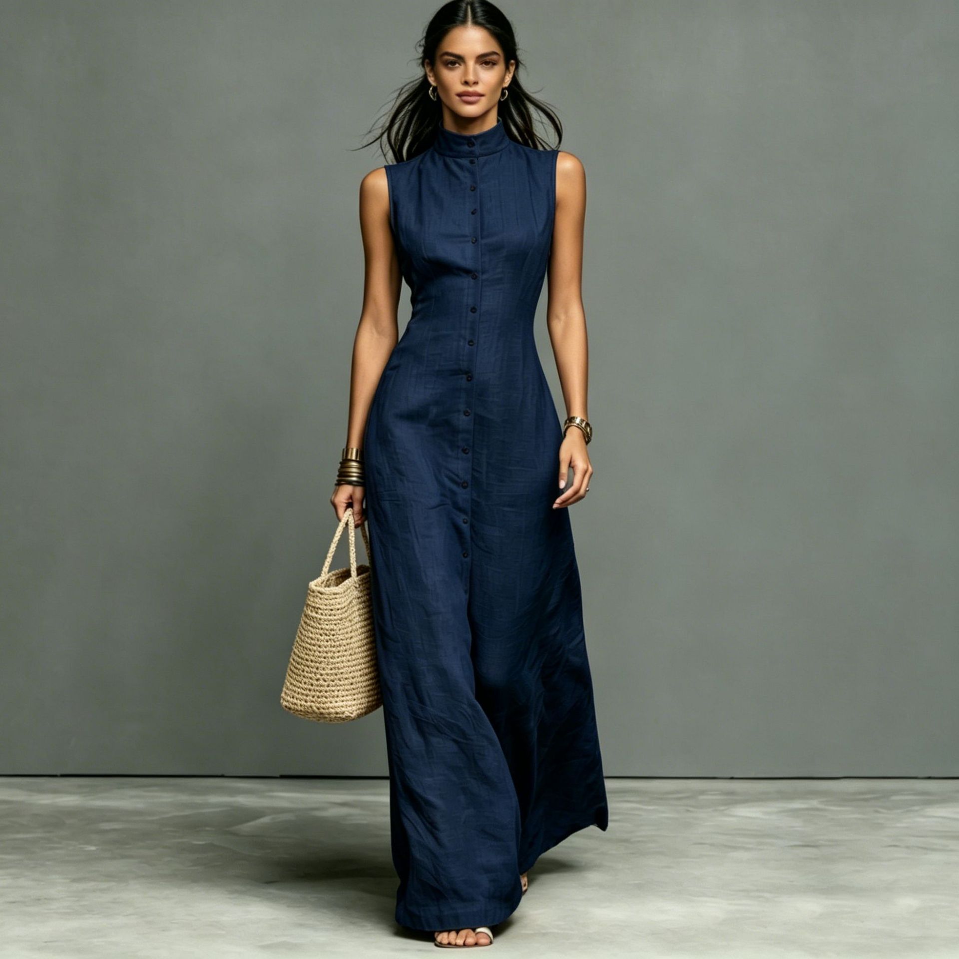 

Women Sleeveless High Neck Button Down Maxi Dress Solid Color Casual Loose Fit Summer Dress XXXL