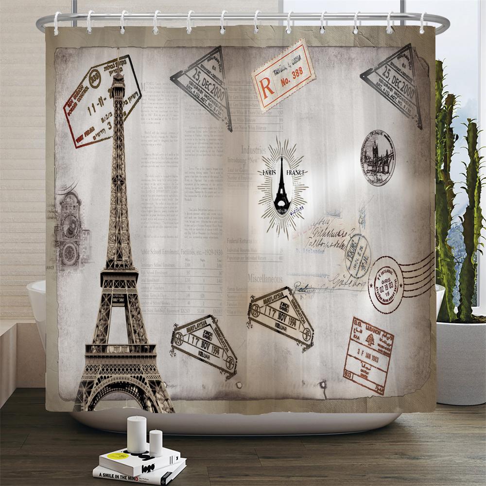 Retro Style 3d Print Shower Curtains Paris Tower Street View Telephone Booth Bath Curtain Waterproof Polyester Bathroom Curtain