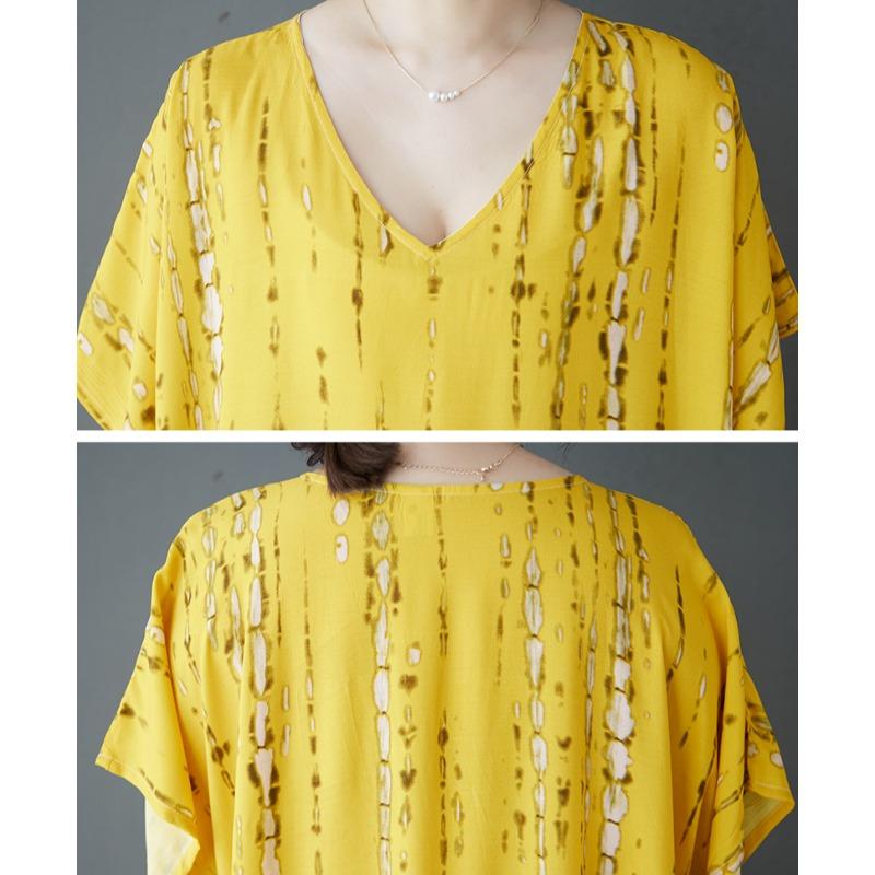 DIMANAF Nové 2025 Dámské Letní Šaty Plus Size Volné S Výstřihem do V Plážový Potisk Základní Ležérní Dlouhé Šaty Nadměrné