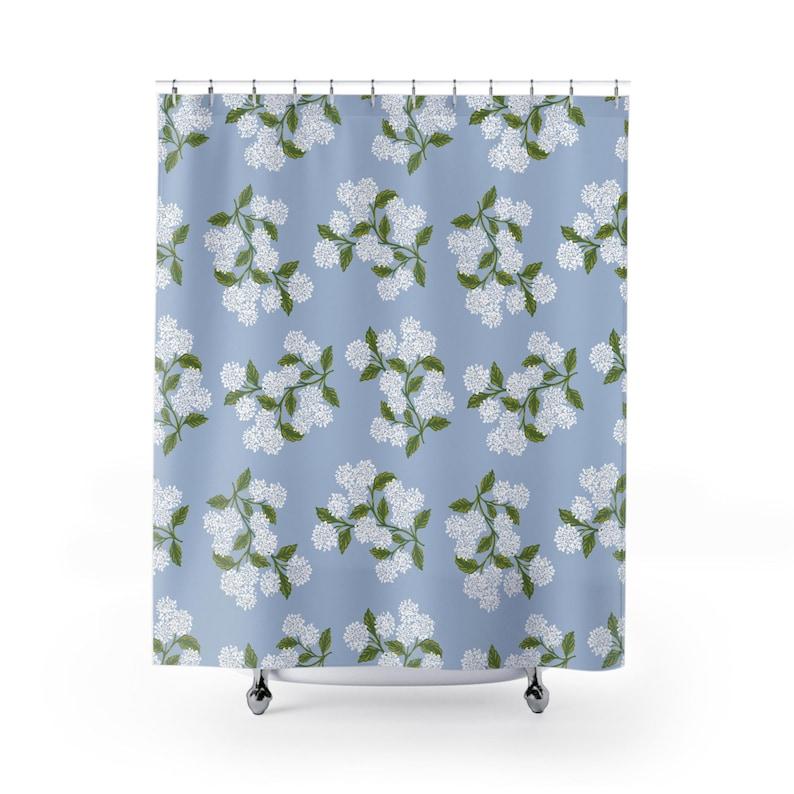 

Hydrangea Floral Shower Curtain - White, Green & Blue Botanical Design, Vintage Bathroom Decor For Grandmillennial Style W60H190(CM)-1 Pcs