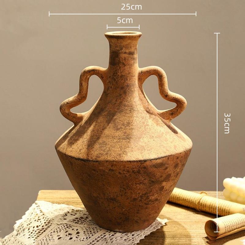Ceramic Vase Retro Pot Rough Pottery Geometric Handle Flower Vase Flower Arrangement Accessories Flowerpot Home Decoration