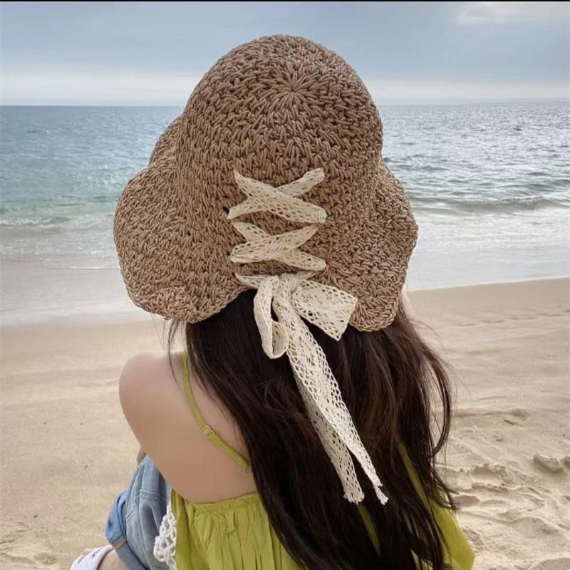 Women's Lace Bow Straw Hat 2026 New Summer Fashionable Foldable Wide-brimmed Sun Hat Beach Vacation Outerwear Hats for Ladies