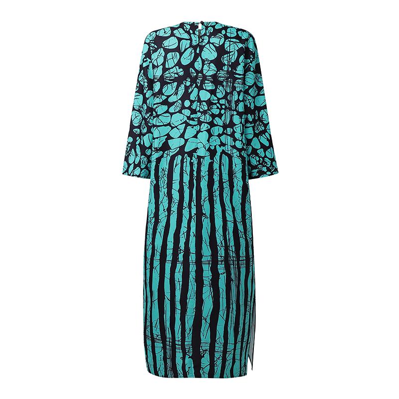 L-5XL Women Long Sleeve Striped Print Patchwork Casual Baggy Maxi Kaftan Dress