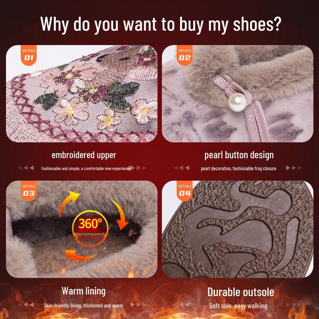 Damskie Bawełniane Botki Wsuwane z Haftem Jelonka - Wyściełane Aksamitem, Gruba Podeszwa, Buty Zimowe.