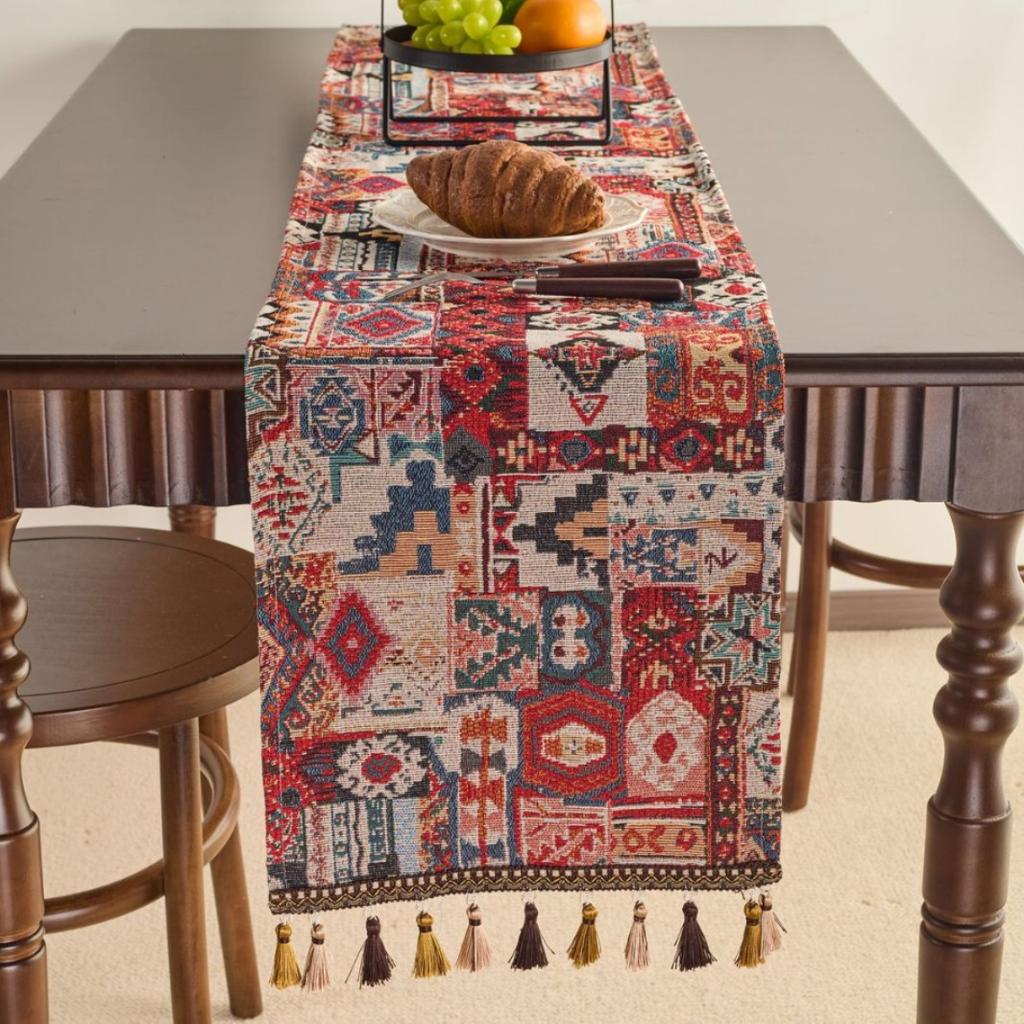 Table Flag Red Jacquard Tea Flag Fringed Ethnic Style Geometric Tv Cabinet Coffee Table Long Cover Decoration