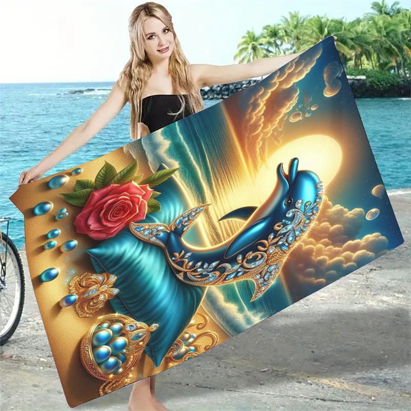 1PC Gold-Embellished Dolphin Beach Towel High-End Summer Beach Snapping Tool Quick-Dry Towel for Outdoor Picnics And Water Sport