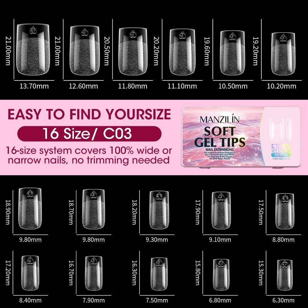 576Pcs Full Cover False Fake Nails 16 Sizes Gel Nail Tips 2026 New Nail Extension Tips For Nail Art