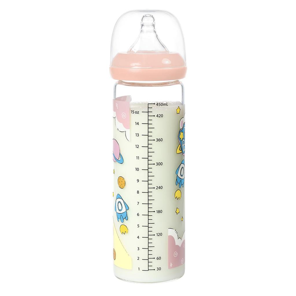 LittleForBig Adult Bottle 450mL Large Capacity Print Dust-Proof Lid Included Replaceable Silicone Nipple Adult Glass Bottle Pastel Colors