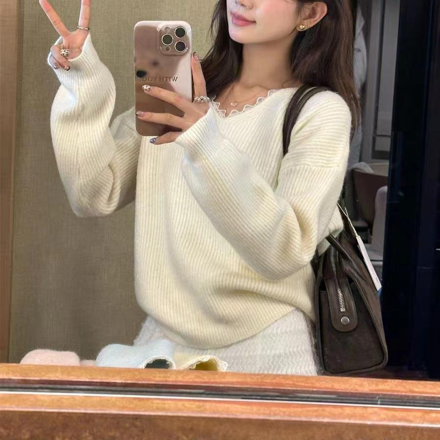 

Осенне-зимний дизайн, V-образный вырез, кружевной край, вязаный свитер, женский модный топ с длинным рукавом average size