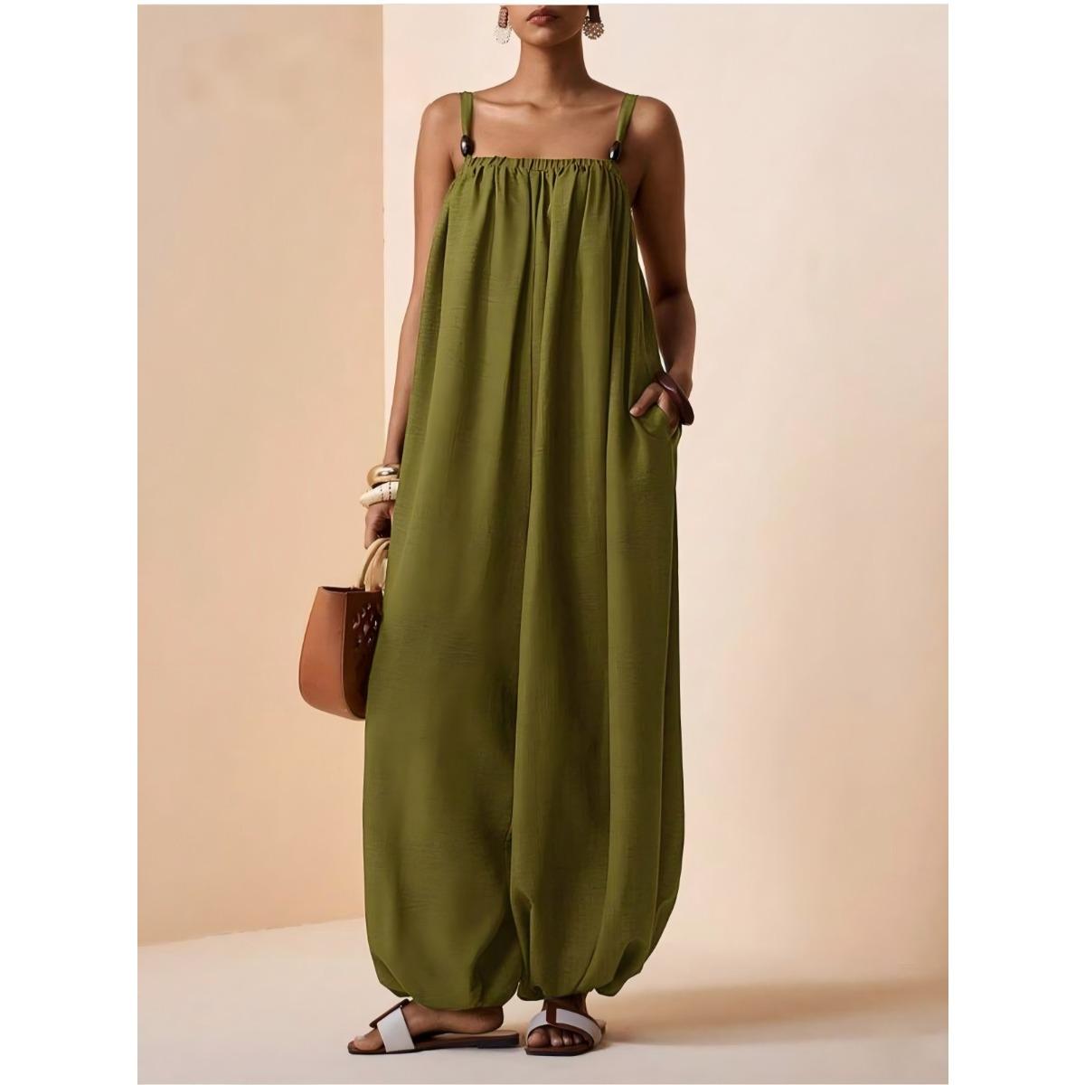 Women s Spaghetti Strap Loose Waist Solid Color Pocket Jumpsuit Casual Sleeveless Wide Leg Long Romper S оливковое зеленый