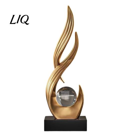 Artistic Ornament for TV Cabinet Abstract Decorative Sculpture with Clear Crystal Ball, Modern Flowing Curve Tabletop Decor Statue Golden Office Desk
