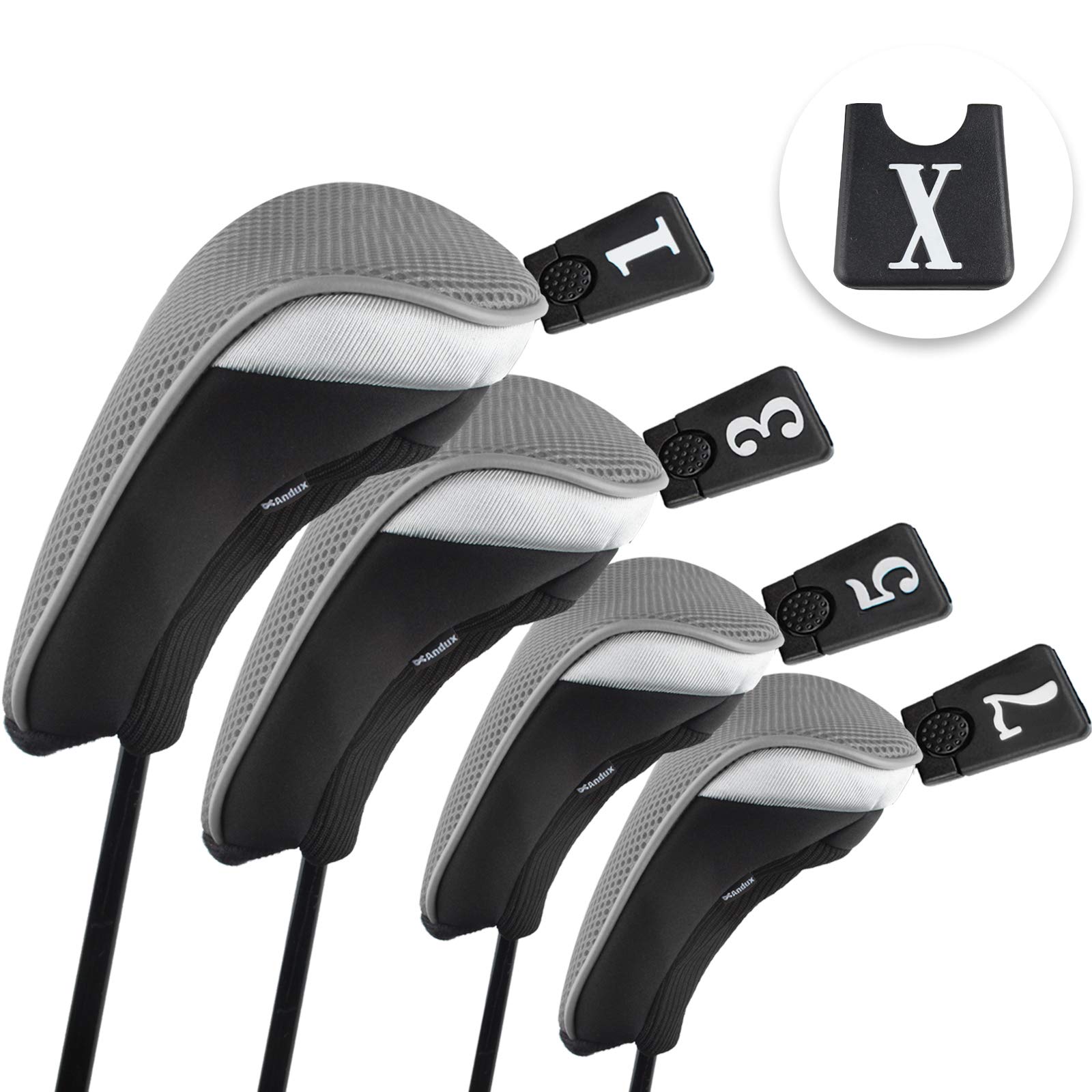 Andux Wood Golf Headcovers, Golf Wood Driver Headcovers with Interchangeable Number Tags, Set of 4, MT/MG (Gray)
