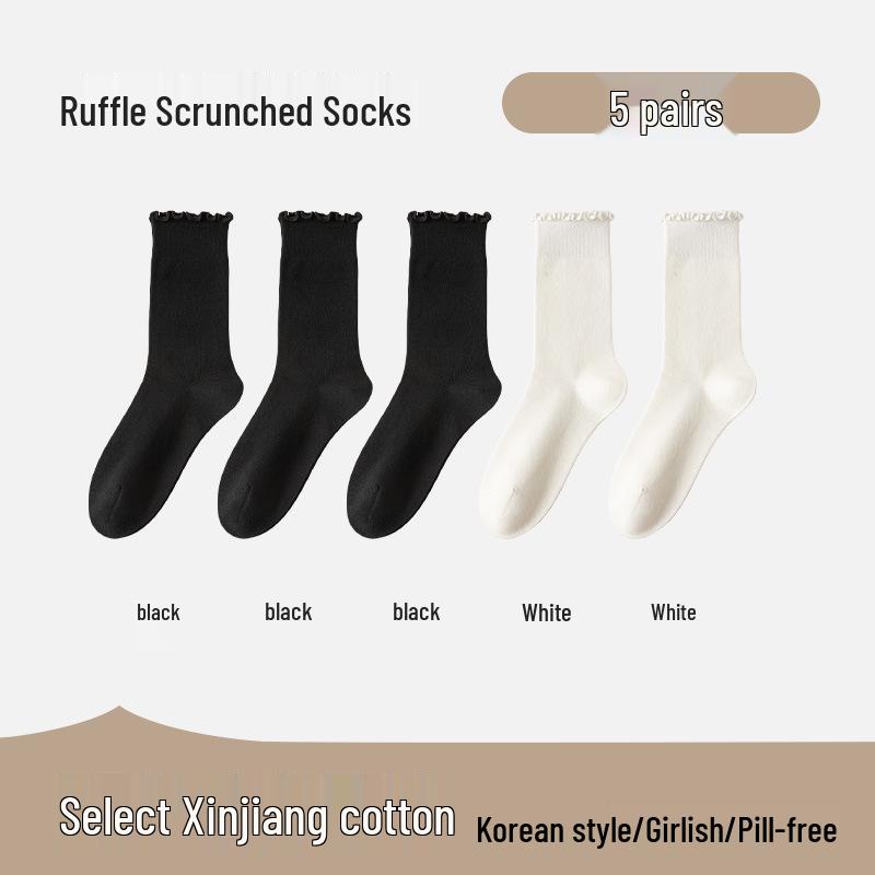 Women's Mid-Calf Lace Pile Socks - Korean Wood Ear Edge, Perfect for Loafers, Y2K Style