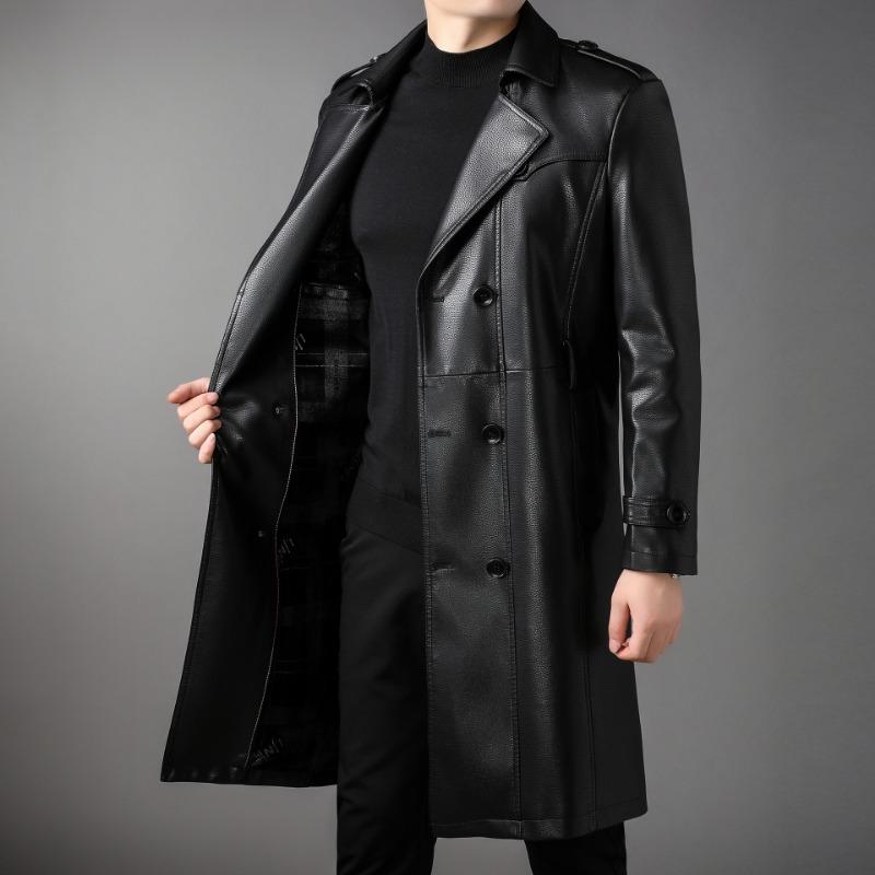 Cappotto Lungo da Uomo in Pelle Autunno e Inverno Nuovo Velluto Doppiopetto Business Casual Cintura Cappotto in Pelle Giacca a Vento in Pelle Giacca da Uomo