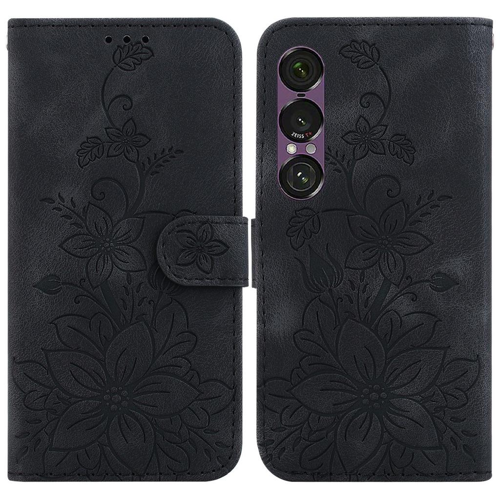 Für Sony Xperia 1 VII Ständerhülle Lilienblumen-Prägung Leder Handyhülle mit Handschlaufe