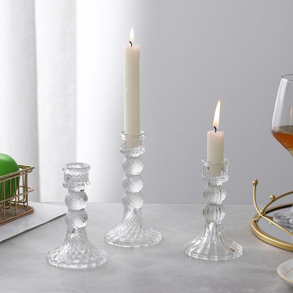 Vintage Glass Candle Holder Transparent Romantic Roman Column Candlestick Non-slip Thicken Simple Candles Stand