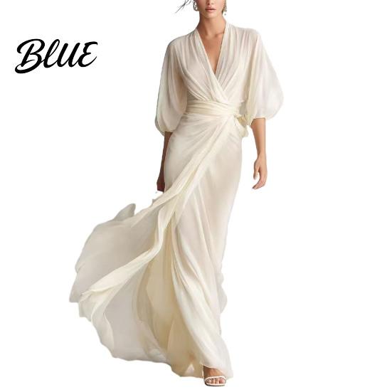 Tie Waist Women Dress V- Neck Long for Summer Autumn Solid Color Casual A-Line Dress Half Sleeves Swing Maxi