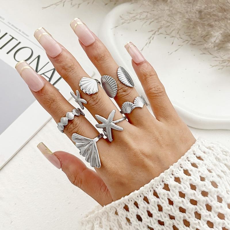 6 Piece Marine Summer Jewelry Adjustable Rings Set Starfish Shell Design Alloy Stackable Gift for Her Beach Holiday