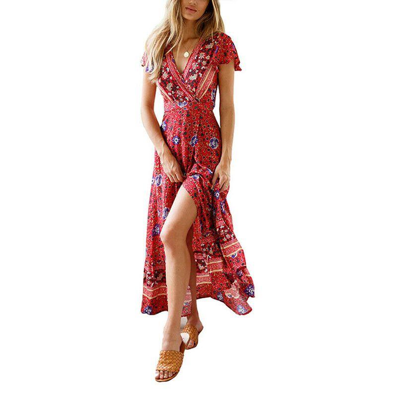 Elegant Women Wrap Summer Boho Floral Short Sleeve Maxi Print Dress For Holidays