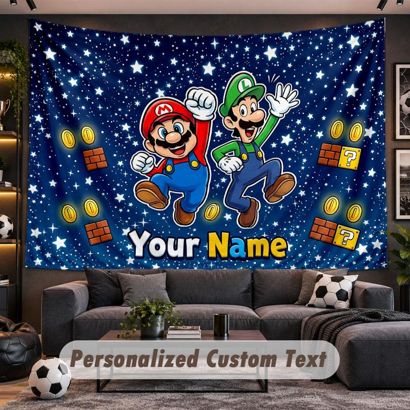 Wall Hanging Tapestry Custom NameSuper Mario Pattern Personalized Printed Fabric Wall Decor