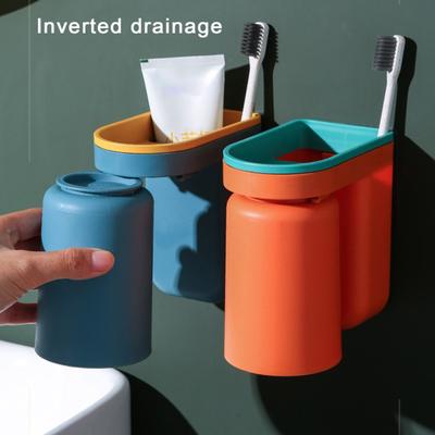 Bathroom Toothbrush Holder with Cup Wall Mounted Punch-free Stick-on Anti-slip Inverted Drainage Design Two-in-One Toothpaste Organizer