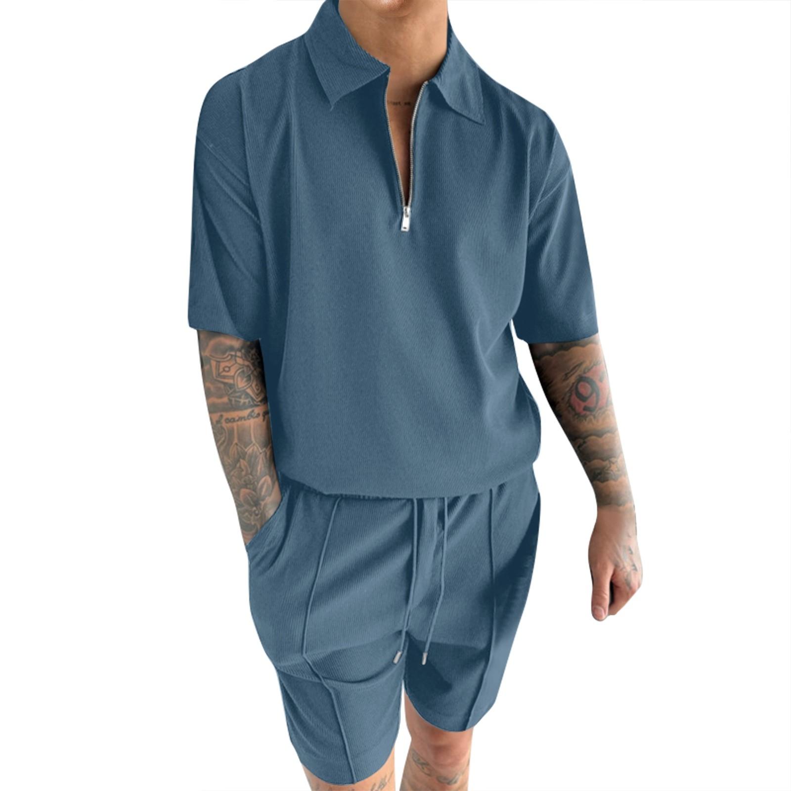 

Мужской летний комплект из однотонной полосатой рубашки с коротким рукавом и застежкой-молнией на лацкане, шорт S синий