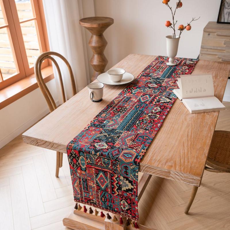 Jacquard Ethnic Style Red Tassels Table Runner, Christmas Kitchen Dining Table Decoration for Home Party Festival
