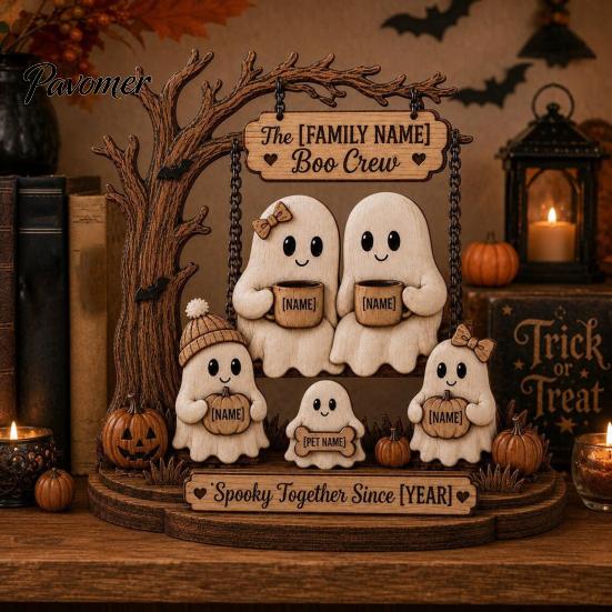 Spooky Party Decorations Halloween Ghost Family Wooden Plaque, Pumpkin Couple Tabletop Sign, Wood Table Ornaments Farmhouse Home Ornament for
