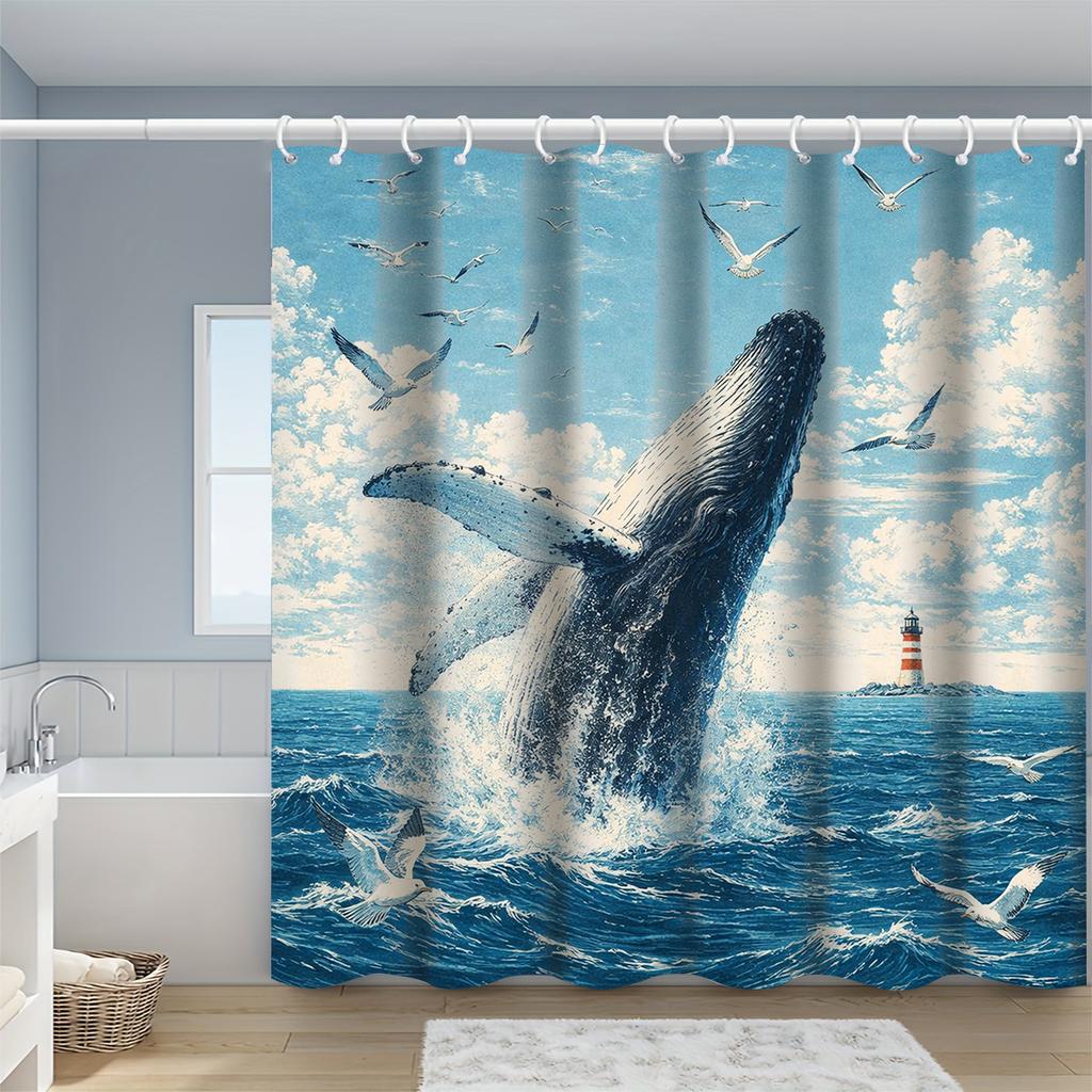 Tenda da Doccia con Illustrazione di Balena che Salta dall'Oceano 1 Pezzo con 12 Ganci per Bagno Decorazione per la Casa Poliestere Stampa Piatta 2D 70,8X70,8 Pollici
